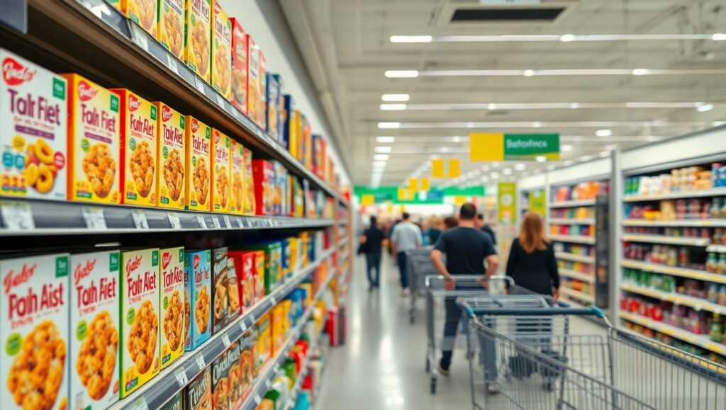 Pasillo de supermercado lleno de productos