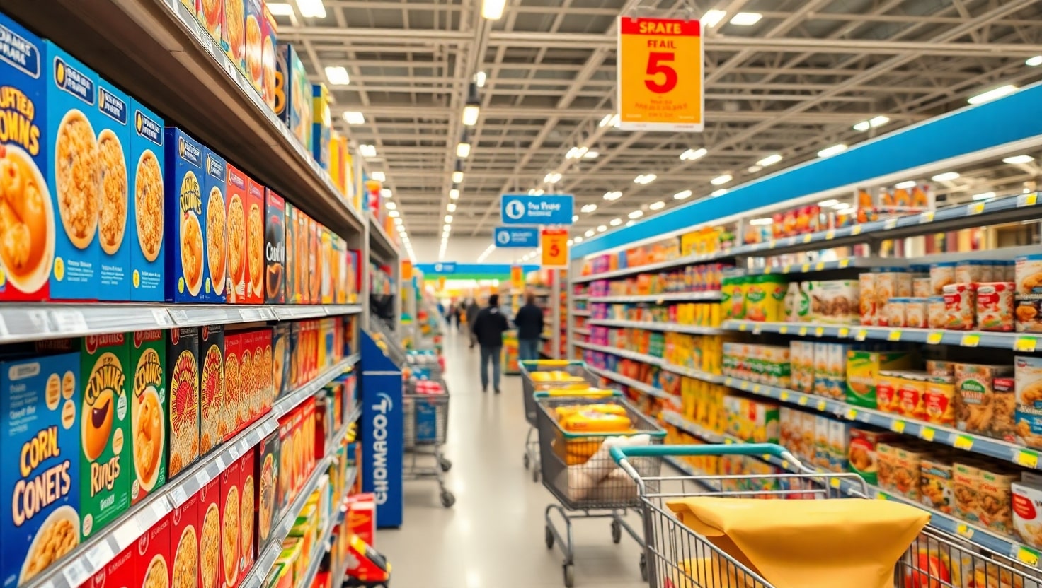 Pasillo de supermercado lleno de productos