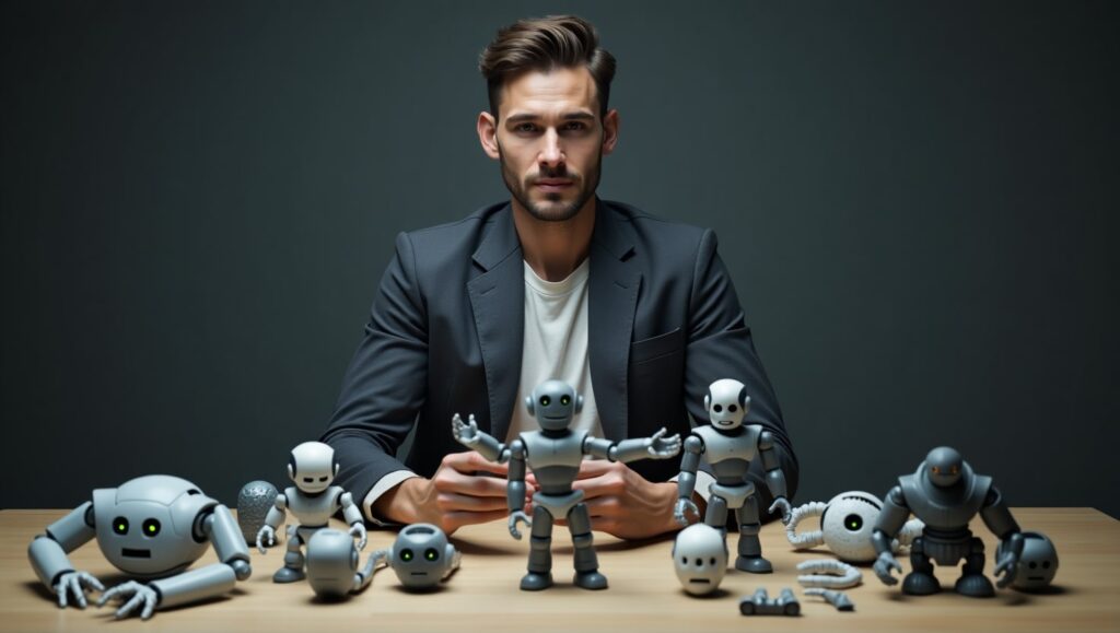 Profesional armando pequeños robots representando diferentes GPTs para asistirlo en su empresa