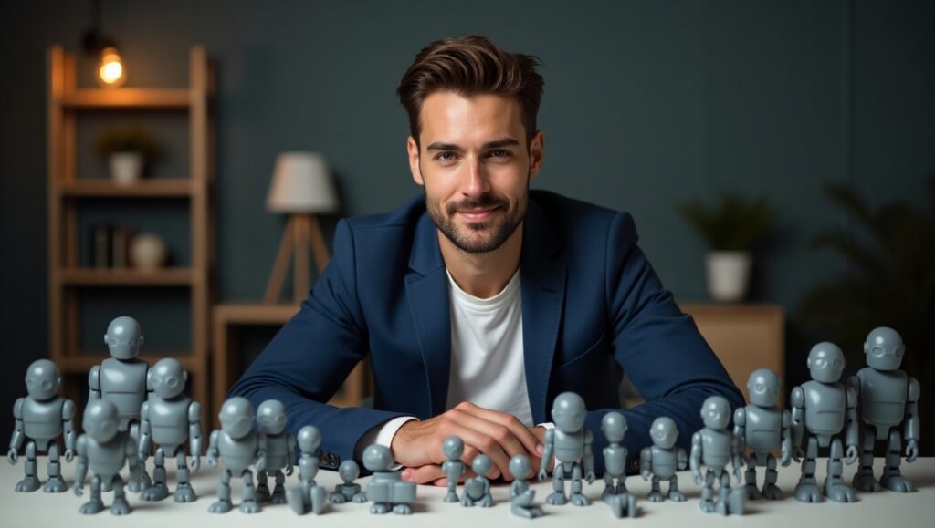 Profesional armando pequeños robots representando diferentes GPTs para asistirlo en su empresa