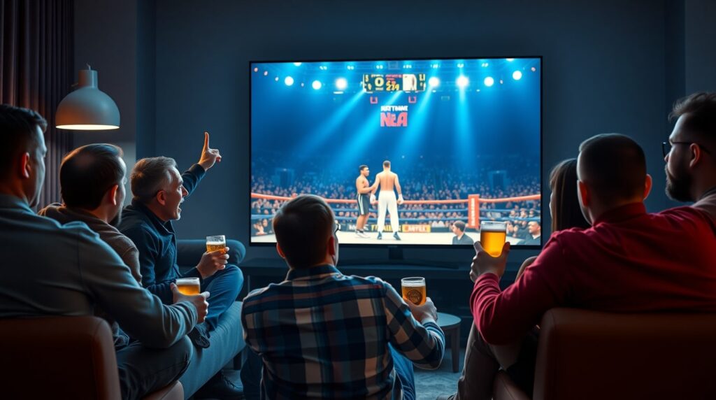 Grupo de amigos viendo una pelea en streaming PPV
