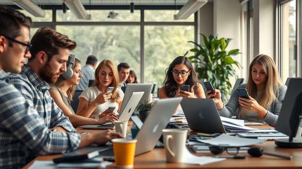 Equipo de agencia de marketing digital en medio de una jornada de trabajo