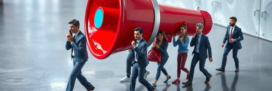Grupo de publicistas cargando un enorme megáfono