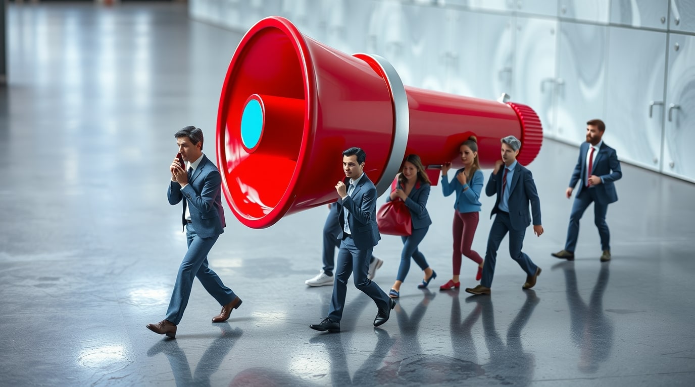 Grupo de publicistas cargando un enorme megáfono
