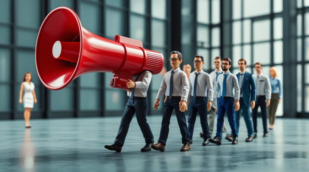Grupo de creativos cargan un megáfono gigante