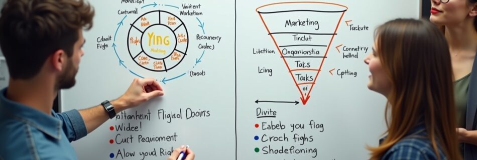 Equipo de marketing comparando modelos de flywheel y funnel