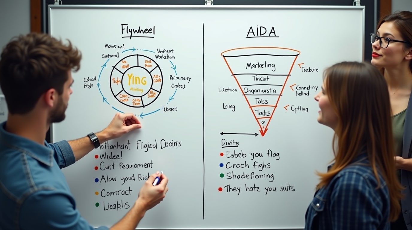 Equipo de marketing comparando modelos de flywheel y funnel