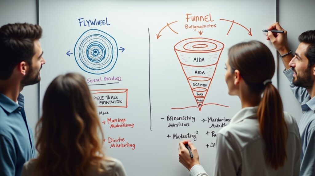Equipo de marketing comparando modelos de flywheel y funnel