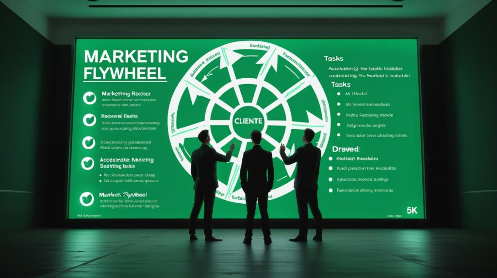 Equipo de marketing digital revisando la estrategia de flywheel marketing