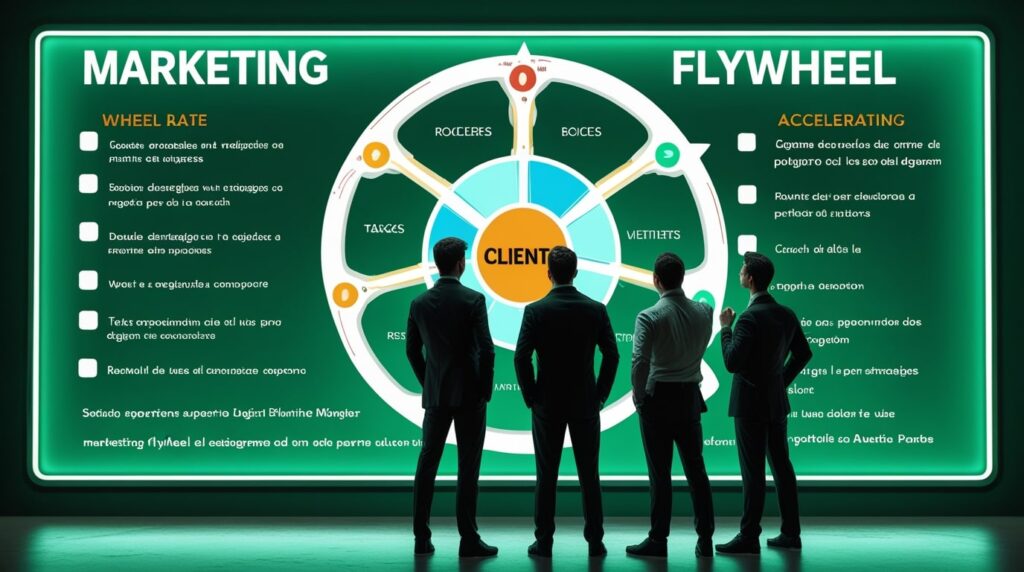 Equipo de marketing digital revisando la estrategia de flywheel marketing