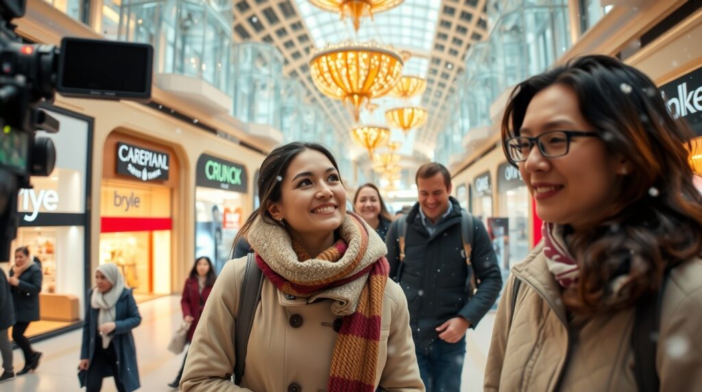 Familia haciendo las compras navideñas en un centro comercial