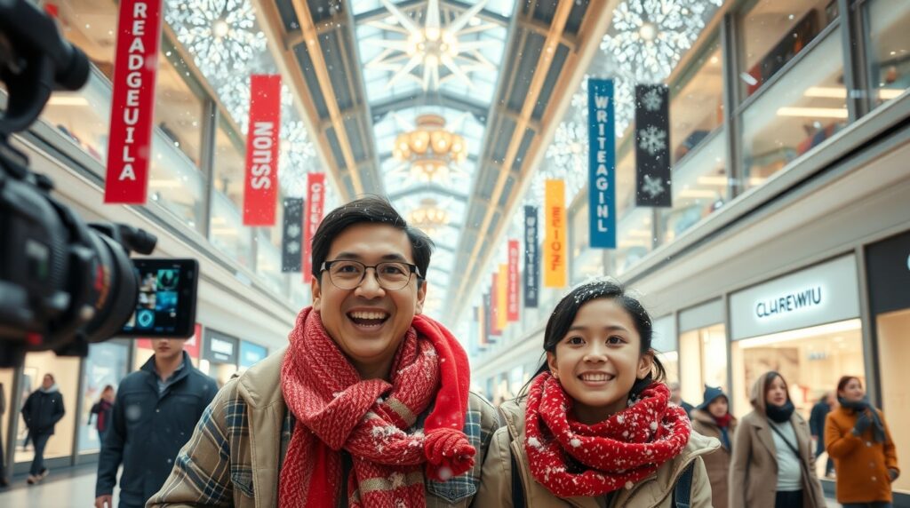 Familia haciendo las compras navideñas en un centro comercial