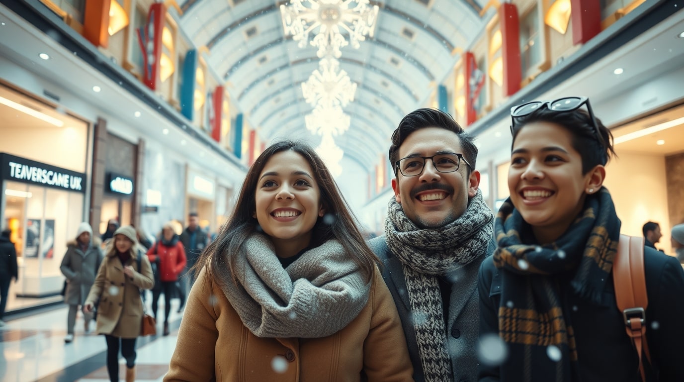 Familia haciendo las compras navideñas en un centro comercial