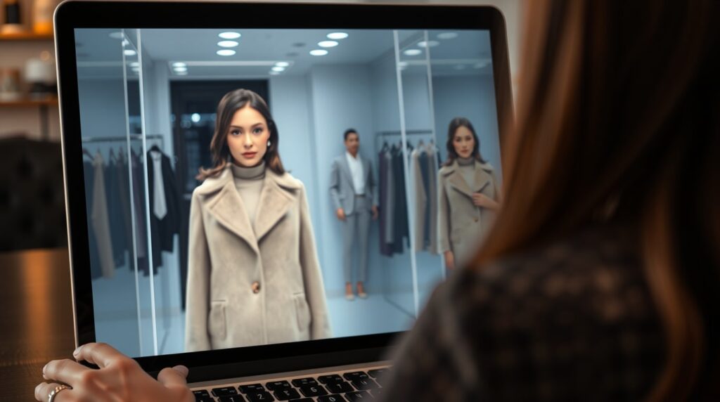 Mujer observando una aplicación de probador de AR de una tienda en linea para hacer una compra