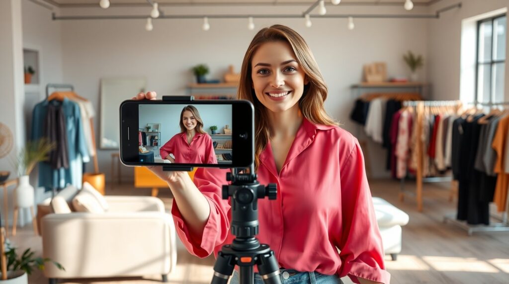Mujer preparando un live en redes sociales para mostrar prendas de una tienda en línea y explicar sus virtudes