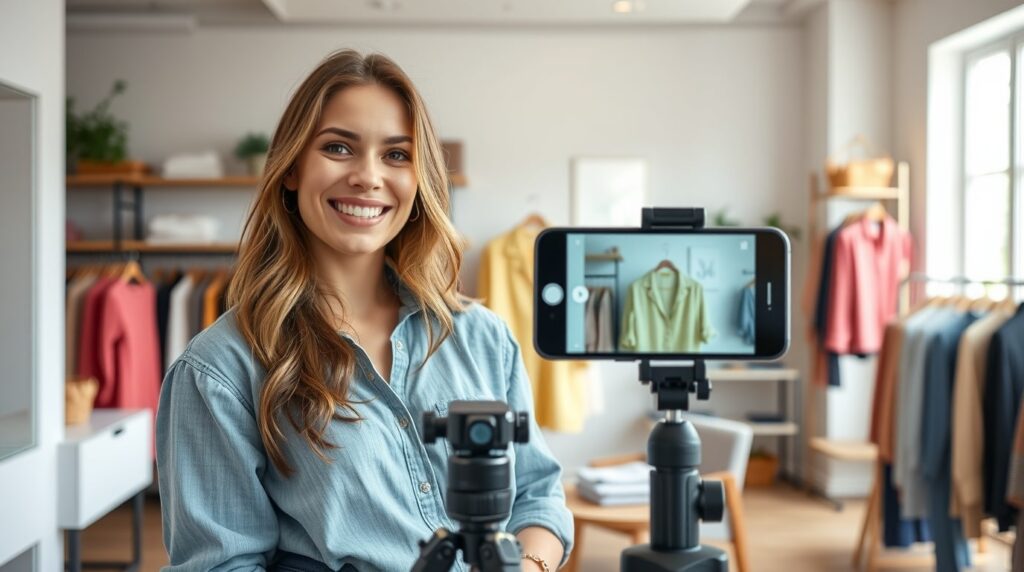 Mujer preparando un live para redes sociales para mostrar prendas de una tienda en línea y explicar sus virtudes