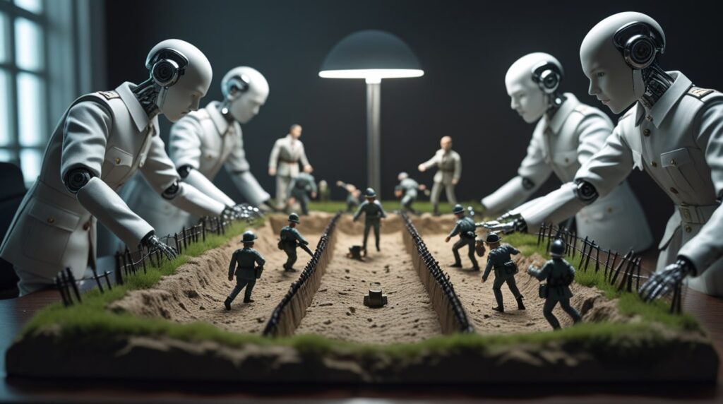 Androides de inteligencia artificial planeando tácticas de marketing digital