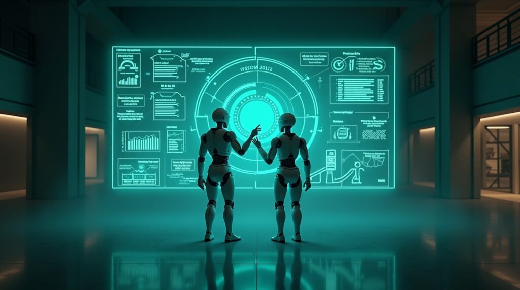 Dos androides de AI creando estrategias Vibe Marketing