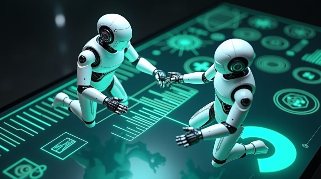 Dos androides de AI creando estrategias de marketing digital