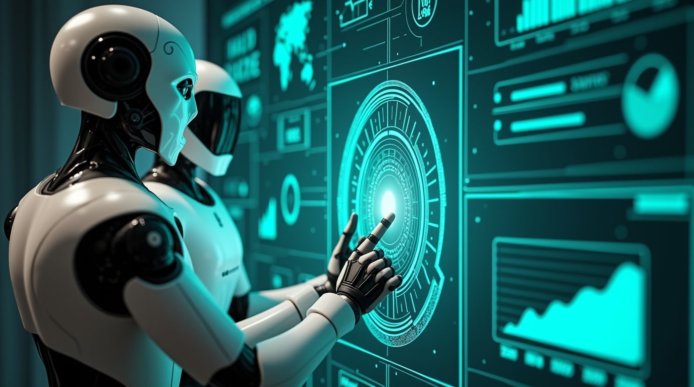 Dos androides de AI creando estrategias de marketing digital