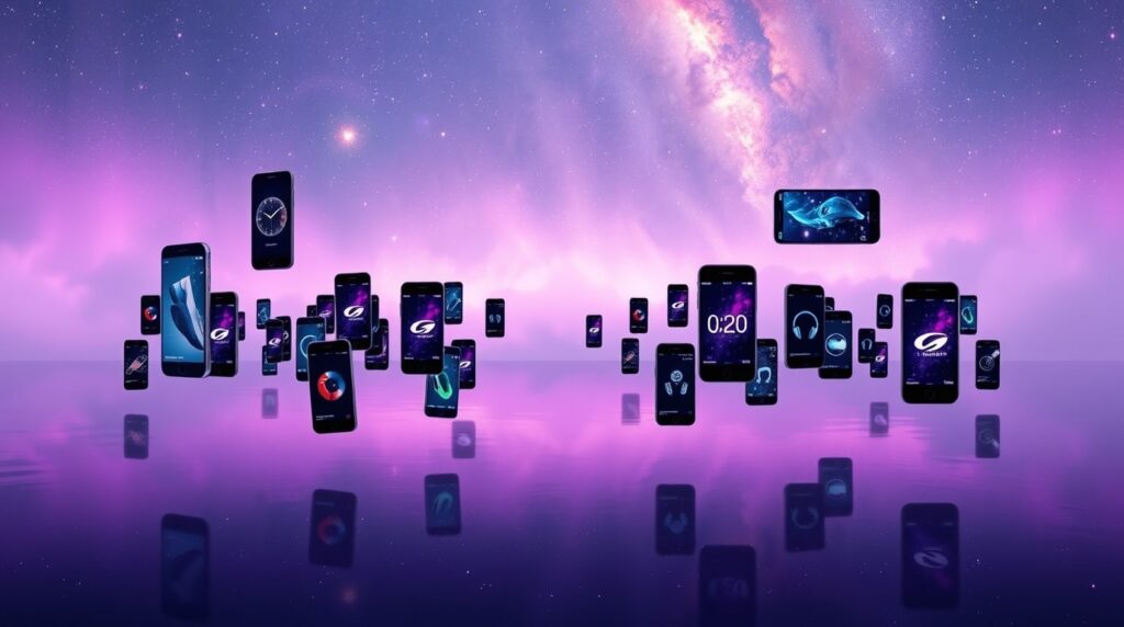 Smartphones flotando frente a la galaxia andromeda