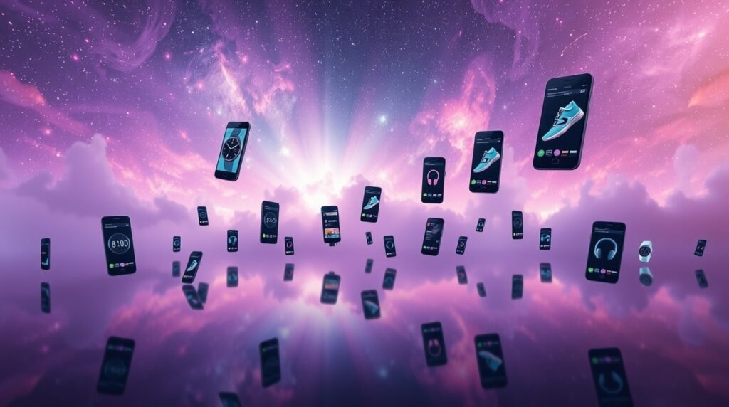 Smartphones flotando frente a la galaxia andromeda