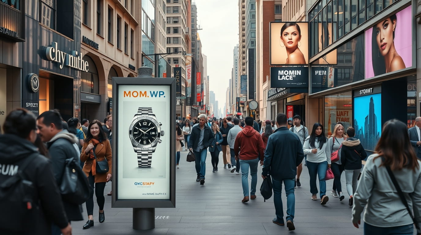 Calle tumultuosa llena de publicidad exterior OOH