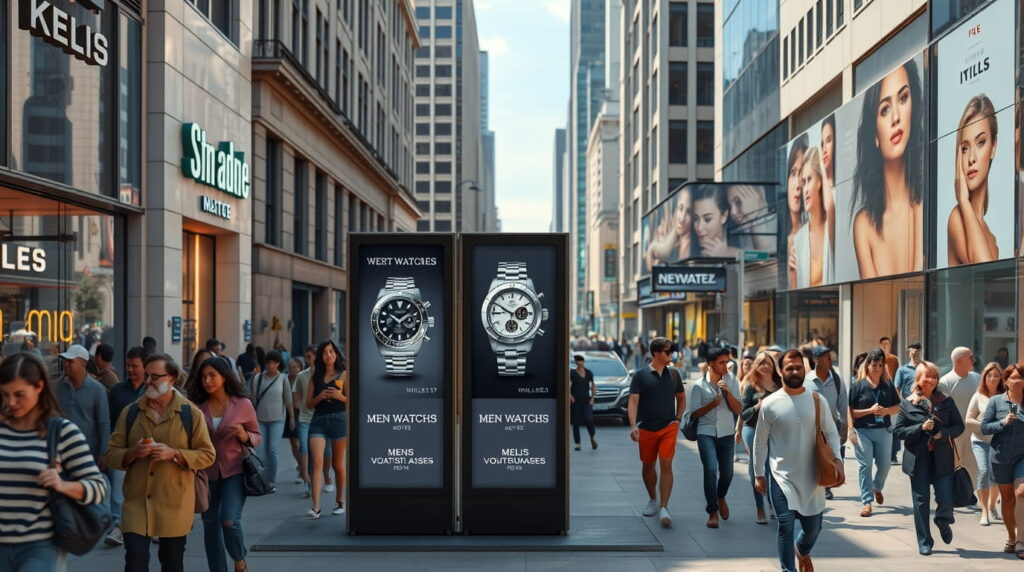 Calle tumultuosa llena de publicidad exterior OOH