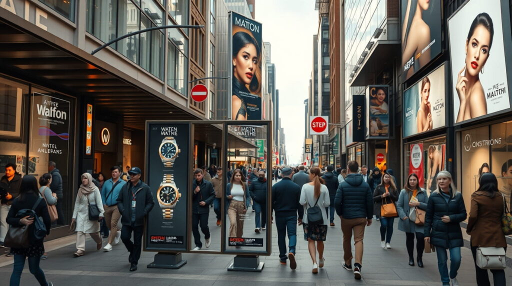 Calle tumultuosa llena de publicidad exterior OOH