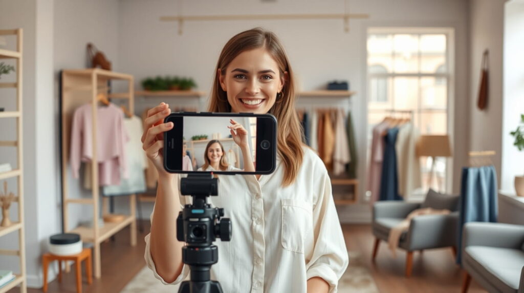 Influencer haciendo un live review de productos femeninos