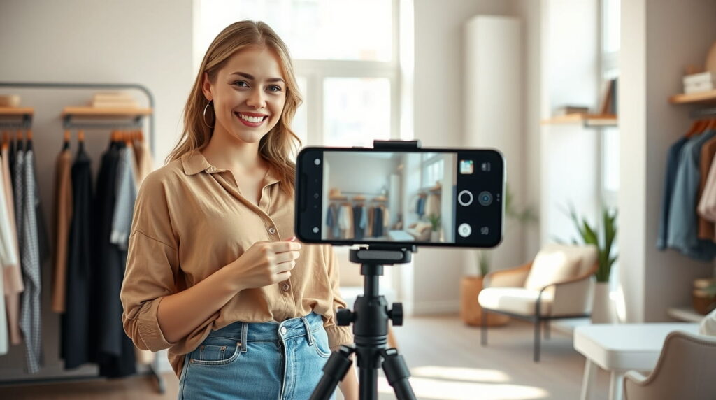 Influencer haciendo un live review de productos femeninos