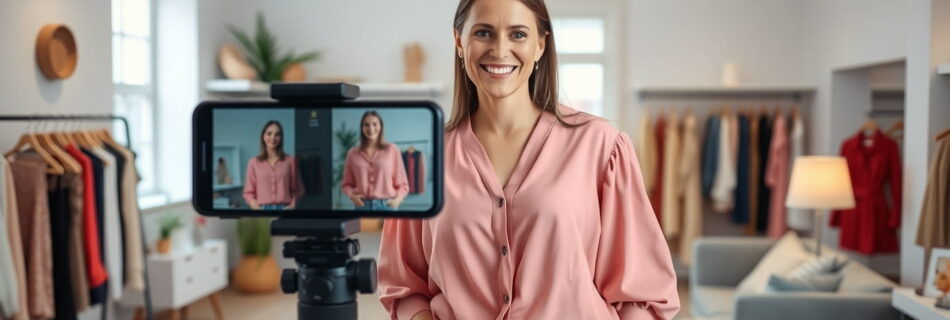 Influencer haciendo un live review sobre ropa femenina