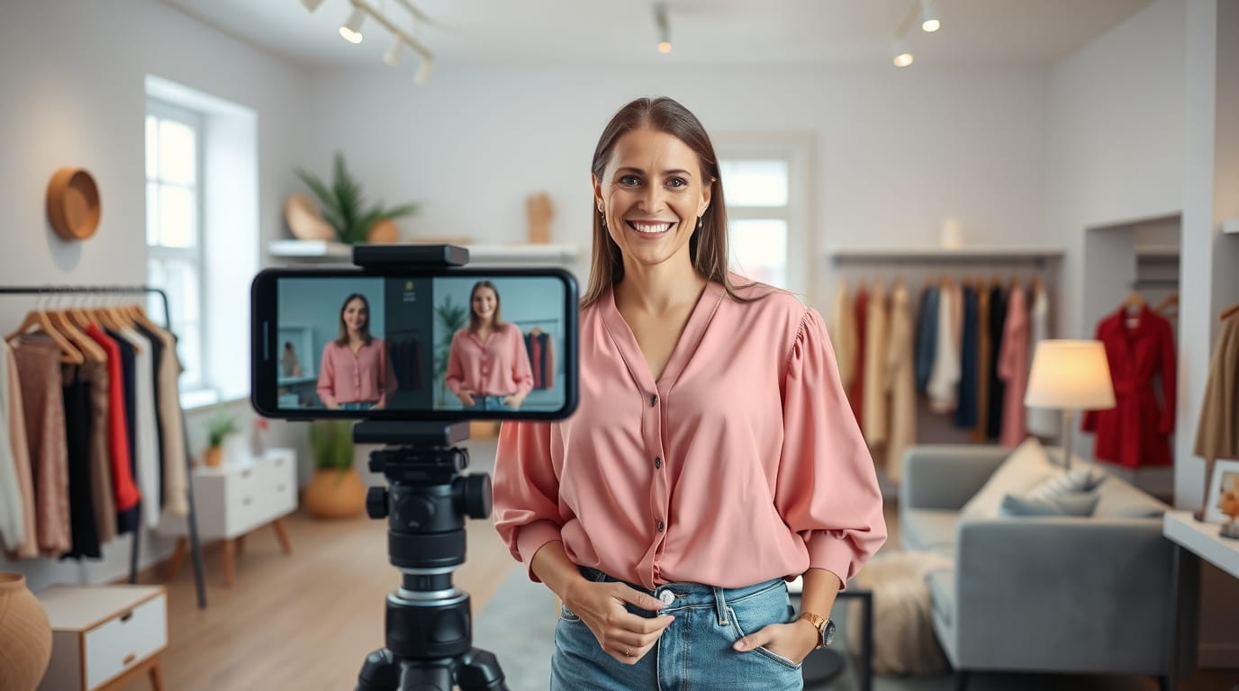 Influencer haciendo un live review sobre ropa femenina