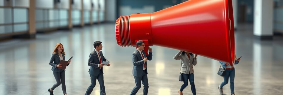 Mini personas cargando un megáfono a hombros creando awareness