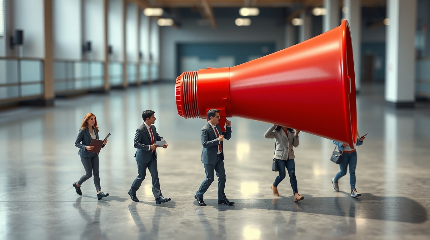 Mini personas cargando un megáfono a hombros creando awareness