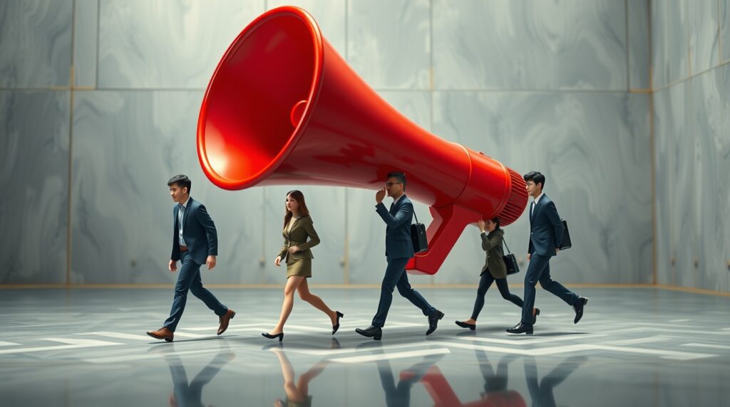 Mini personas cargando un megáfono a hombros creando awareness