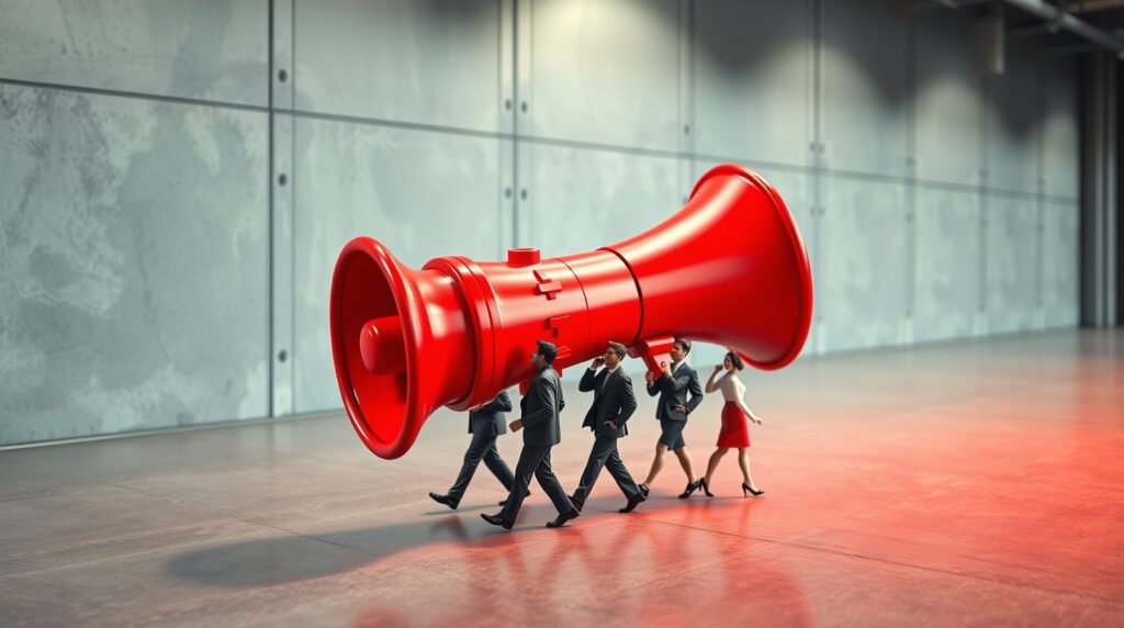 Mini personas cargando un megáfono a hombros creando awareness