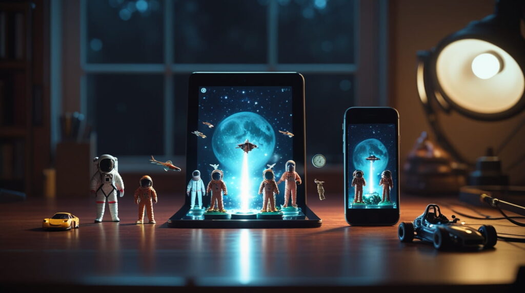 Miniaturas brotan de la pantalla de una pantalla en una narrativa transmedia