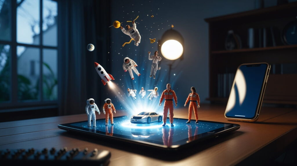 Miniaturas brotan de la pantalla de una pantalla en una narrativa transmedia