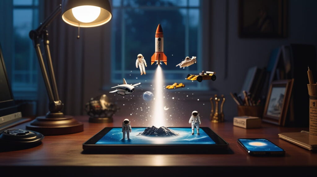 Miniaturas brotan de la pantalla de una pantalla en una narrativa transmedia