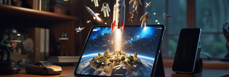 Miniaturas brotan de la pantalla de una pantalla en una narrativa transmedia