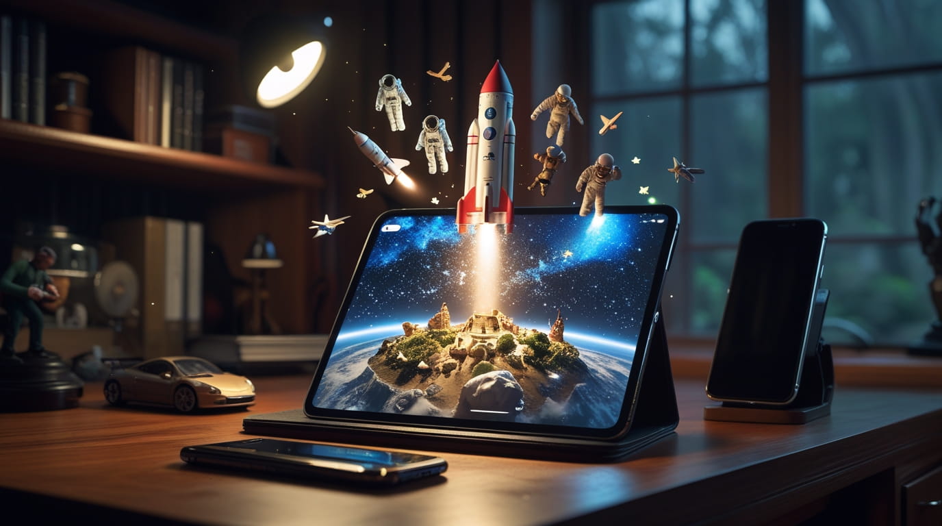 Miniaturas brotan de la pantalla de una pantalla en una narrativa transmedia