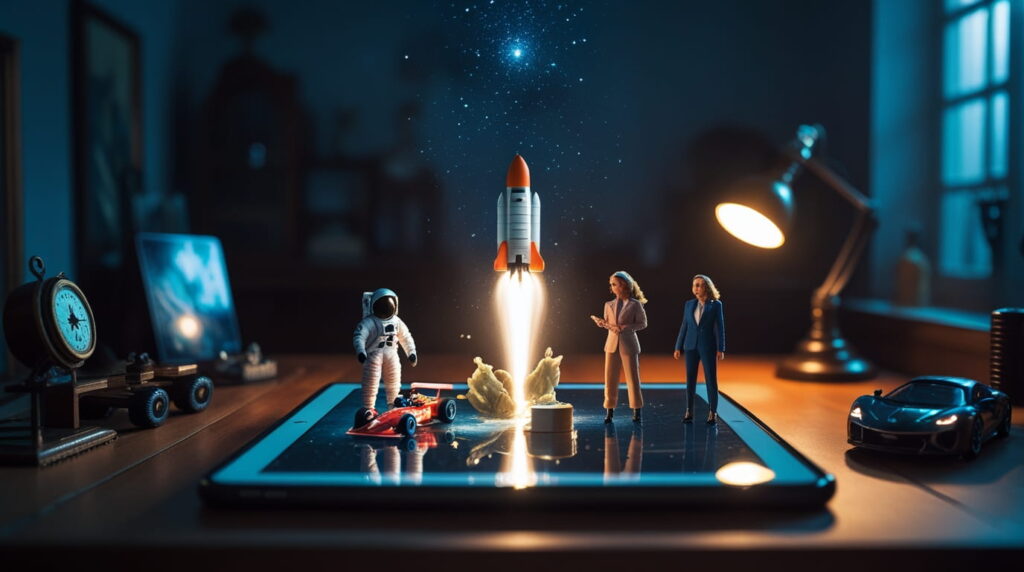 Miniaturas brotan de la pantalla de una pantalla en una narrativa transmedia