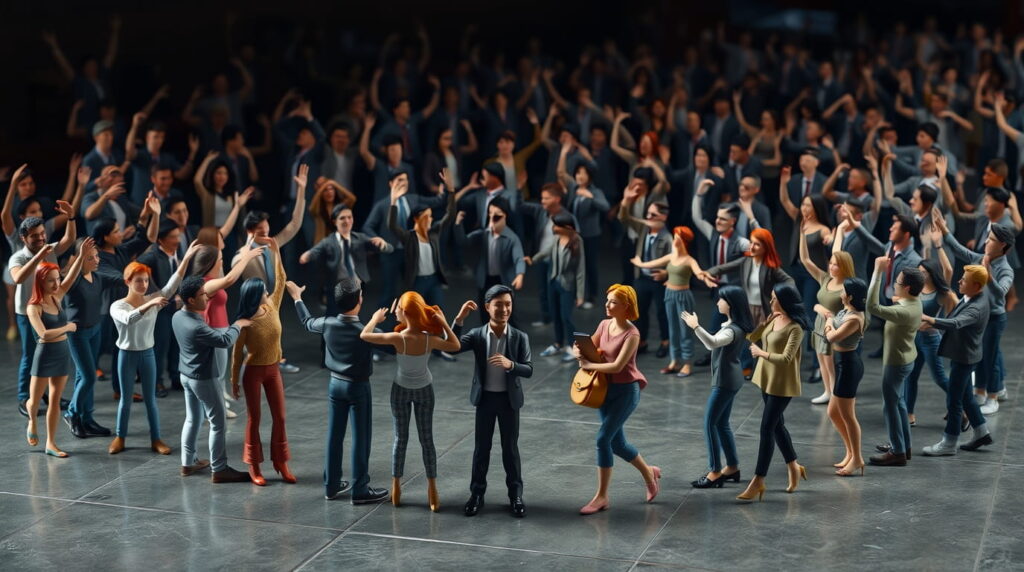 Comunidad de personas felices y emocionados conviviendo juntos