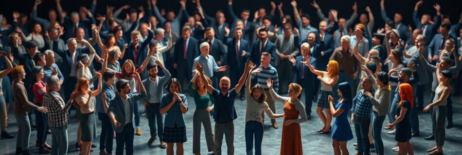 Comunidad de personas felices y emocionados conviviendo juntos