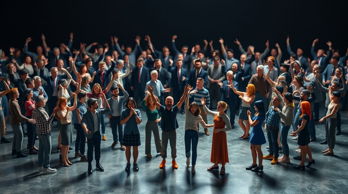 Comunidad de personas felices y emocionados conviviendo juntos