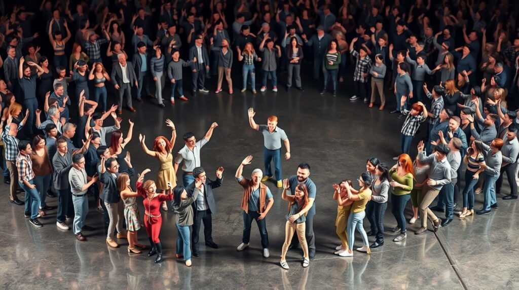 Comunidad de personas felices y emocionados conviviendo juntos