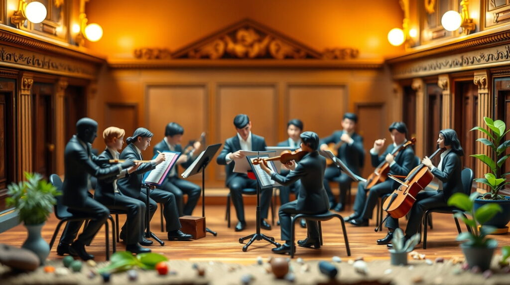 Equipos de ventas y marketing armonizando con instrumentos de musica clásica