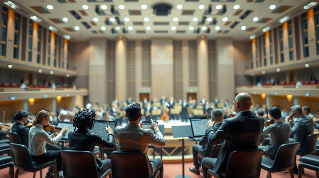 Equipos de ventas y marketing armonizando con instrumentos de musica clásica