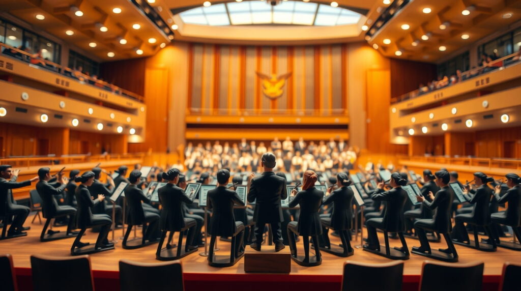Equipos de ventas y marketing armonizando con instrumentos de musica clásica